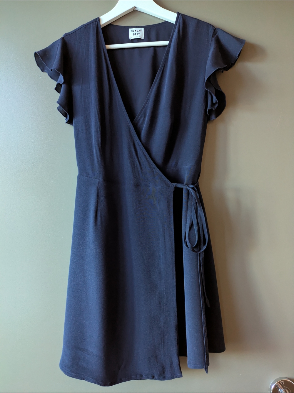 Aritzia Sunday Best Navy Blue Flutter Sleeve Wrap Mini Dress Small Coquette
